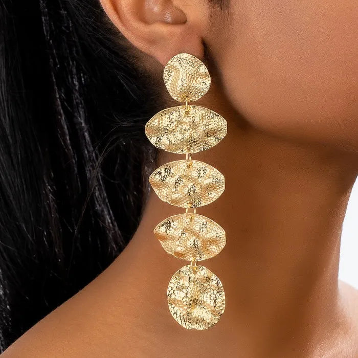 Exaggerated Gold Color Alloy Geometric Circles Long Tassel Hoop Earrings for Women