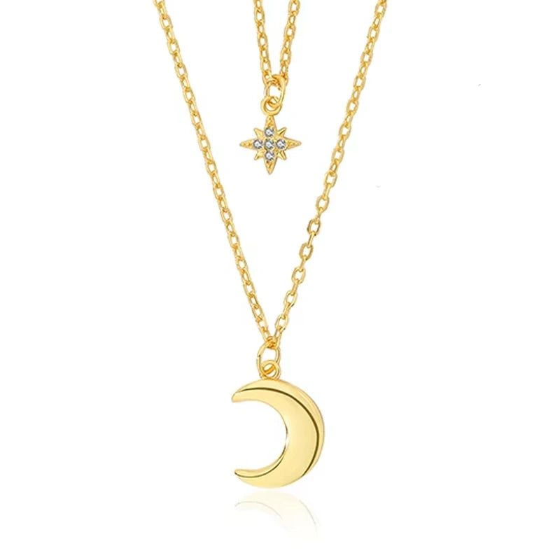 Minimalist Fashion Gold Plated Double Layer Chain Necklace 925 Silver Starburst Charms Moon Pendant Layered Necklace
