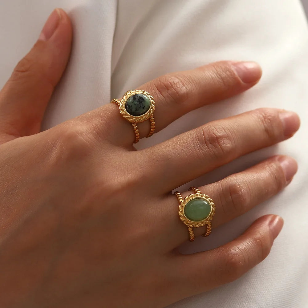New Fashion Natural Stone African Turquoise Agate Rope Sun 18K Gold Plated Stainless Steel Opening Rings