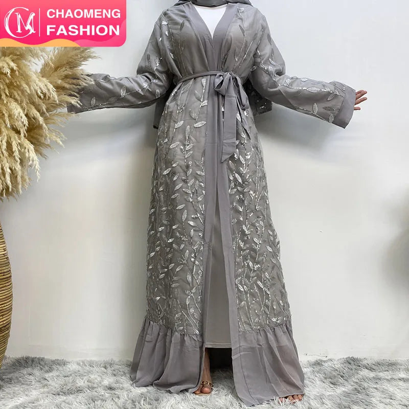 1711# Luxury Leaves Sequins With Chiffon Bottom Cardigan Match All Occasion Muslim Open Abaya