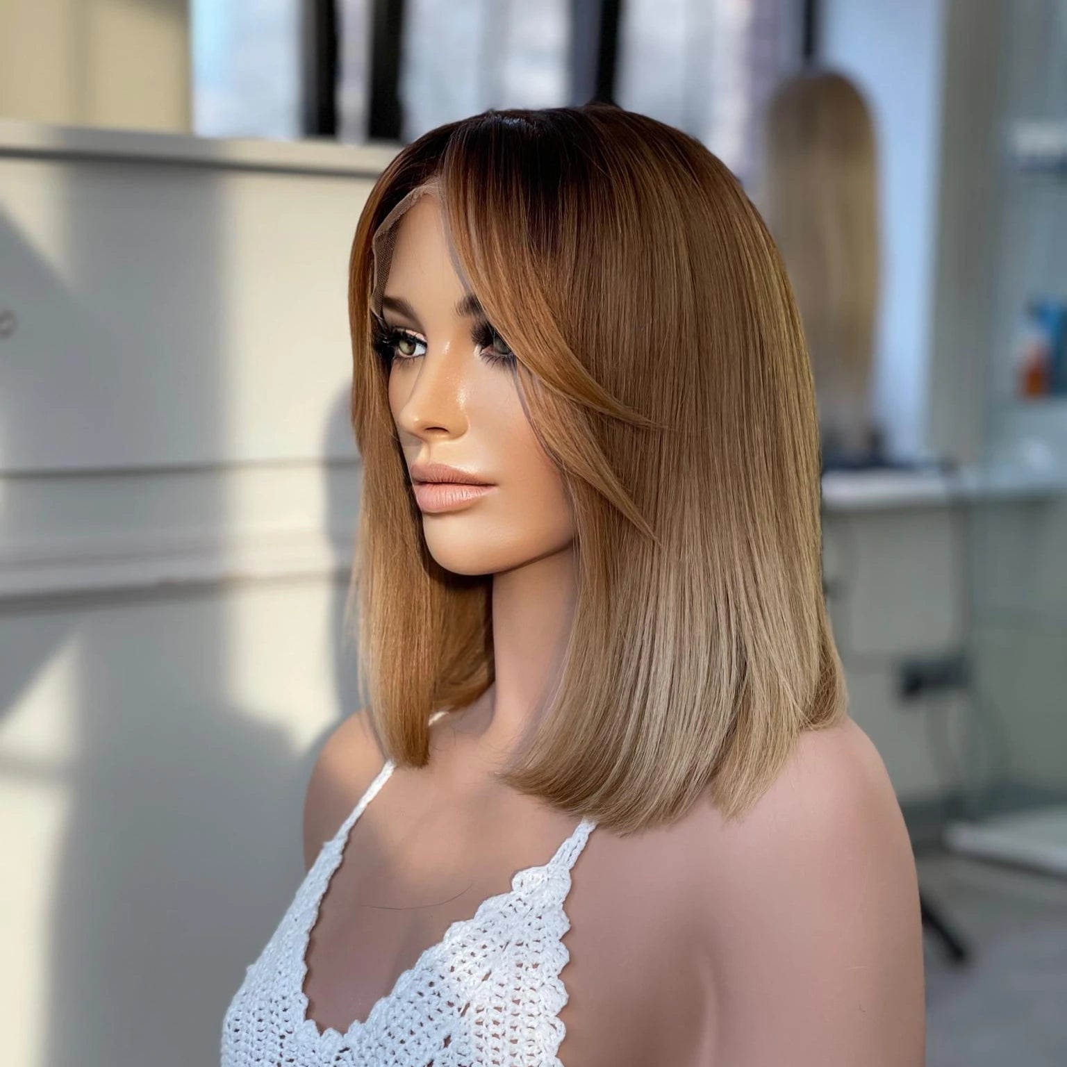 European Human Hair Cuticle Aligned Lace Top Wig Ombre Brown Color Vietnamese Bone Straight Lace Front Bob Wigs