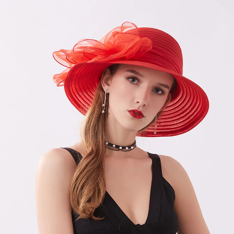 Vintage Black Lady Royal Floral Spring Mesh Organza Wide Brim Hat White Church Hats for Women Wedding Hats Millinery