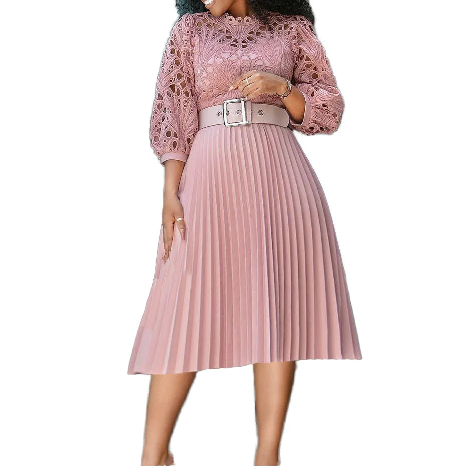 2025 Women's Long Sleeve Pleated A-Line Midi Dresses Casual Striped Design Embroidered Belt Hollow Lady 5XL Plus Spring Summer