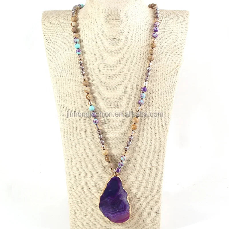 Tribal Jewelry Crystal Beads Natural Empire Stone Necklace Long Knotted Irregular Druzy Stone Agate Slices Pendant Necklace