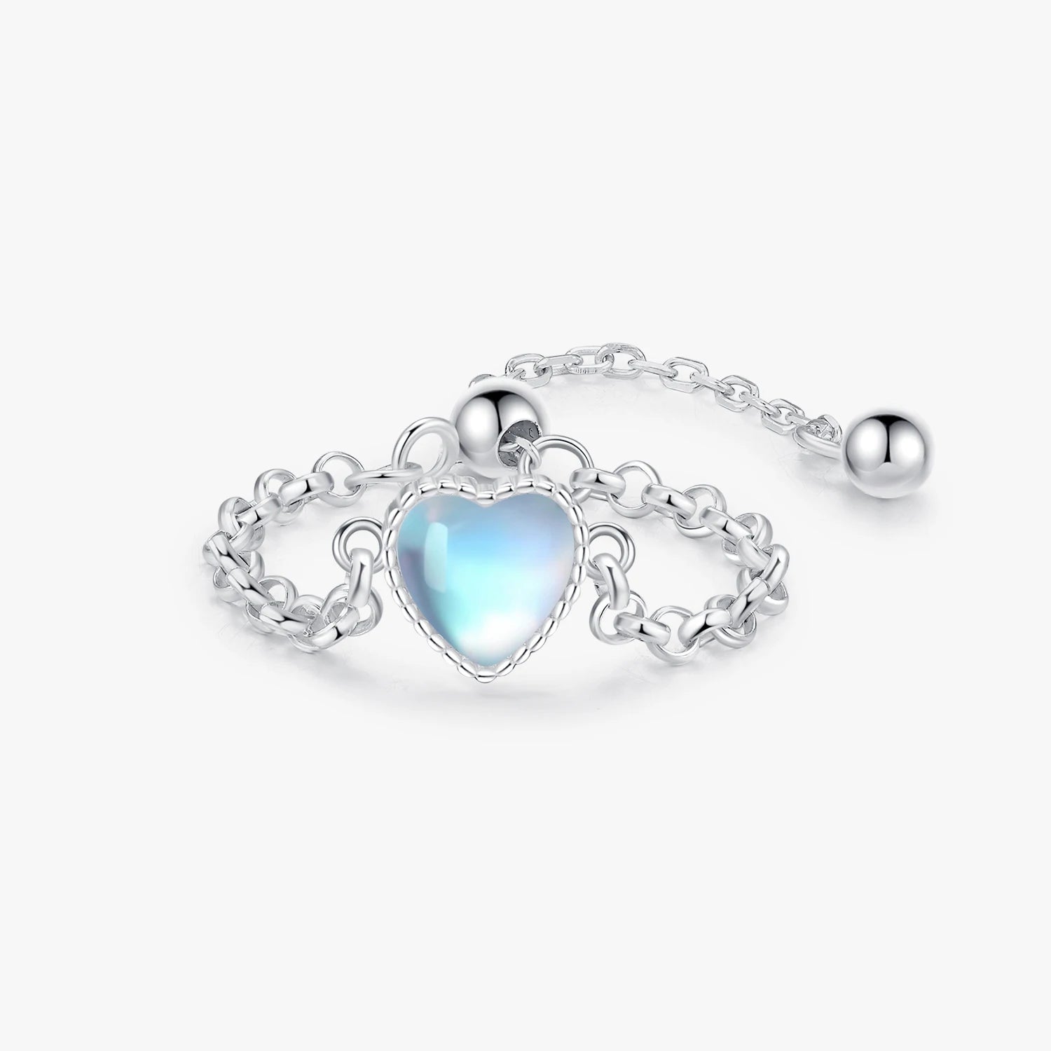 925 Sterling Silver Trendy Elegant Heart Opal Adjustable Link Chain Rings
