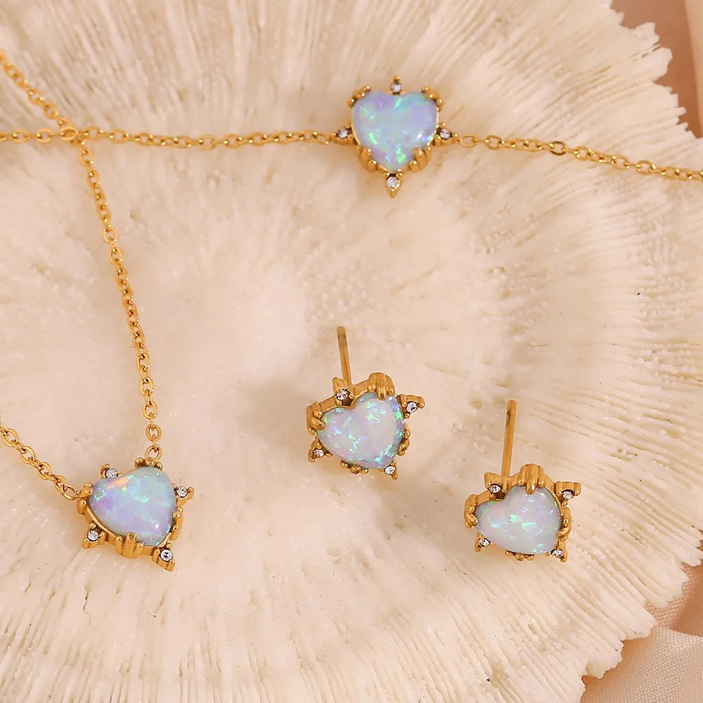 Dreamshow Jewelry Heart Shape Opal Necklace Stainless Steel Jewelry Set for Women 18K Gold Plated Necklace Bracelet Earring