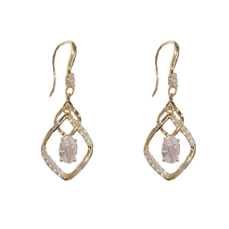 Simple Fashion Gold Plated Ear Hook Earring Dainty Hollow Twist Zircon Charm Earring