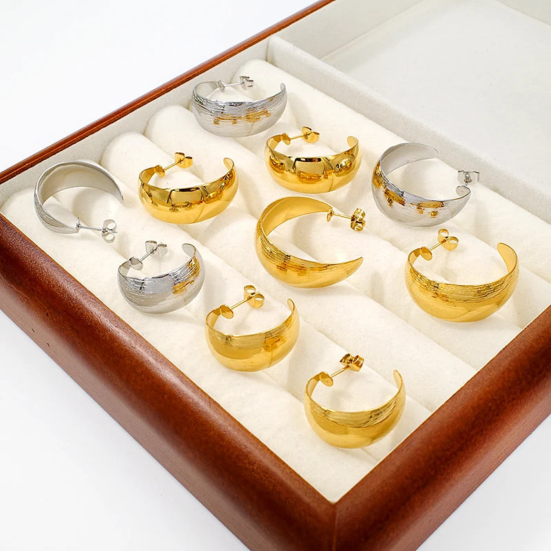 Luxury Stainless Steel Wholesale Tarnish Free Jewelry 18K Gold Plated Waterproof C-Shape Chunky Huggie Hoop Earrings for Women