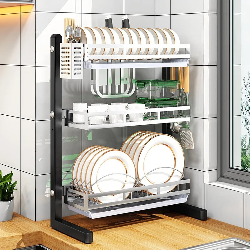 Kitchen Organizer Storage Stainless Steel Utensils Foldable 2 Tier Drip Trays for Dish Drying Plate Rack Korean Holder Drainer