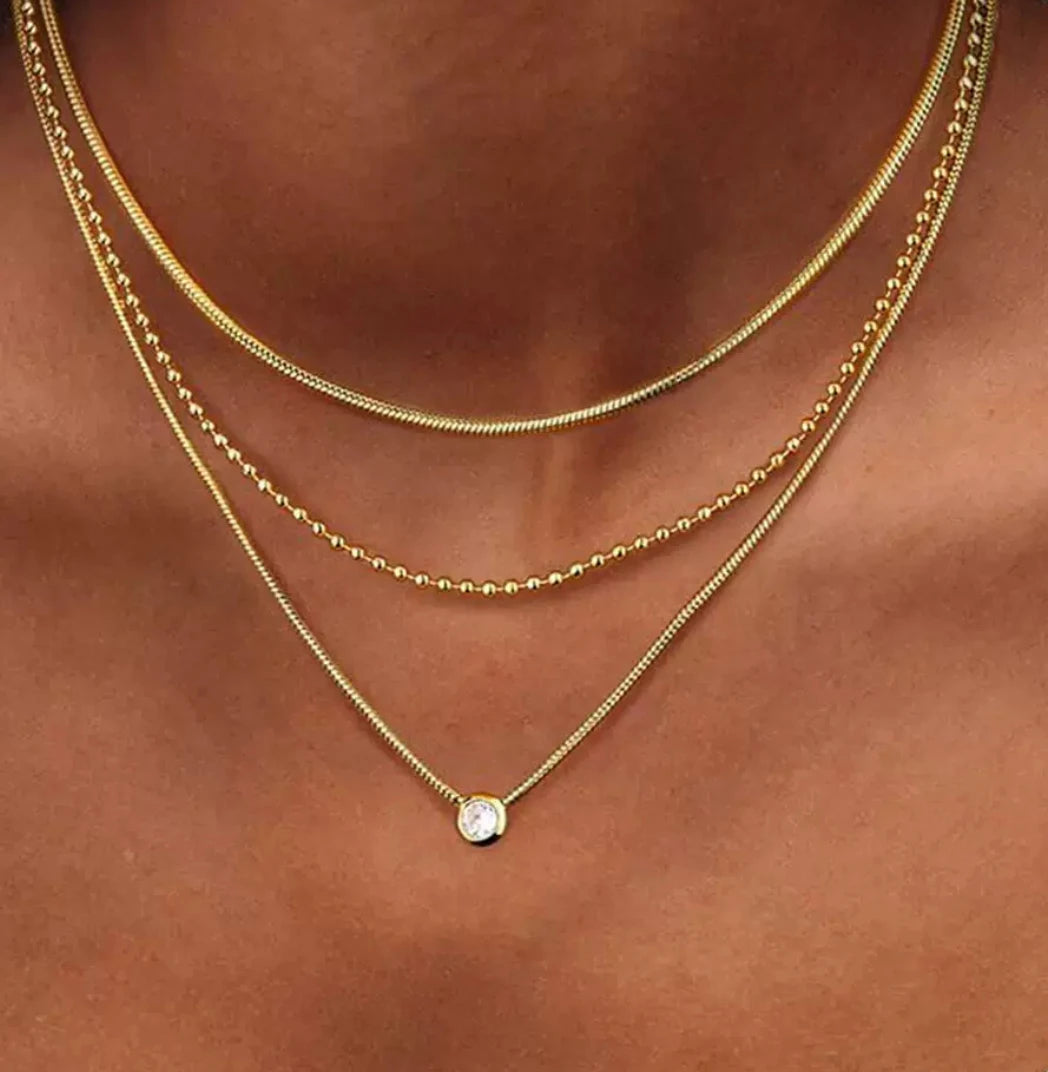 3 Layer New Design Stainless Steel Gold-Plated Water Drop Zirconia Pendant Fashionable Creative Exquisite Premium Women Necklace