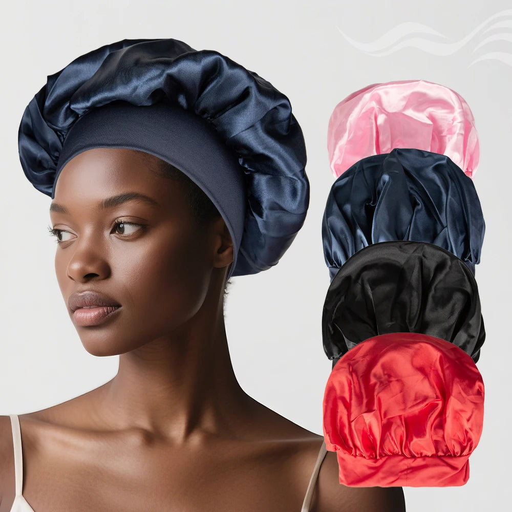 Hot Sell Breathable Soft Elastic Edge Large Silk Satin Night Sleep Hair Bonnet Sleep Night Cap Bath Shower Cap for Curly Hair