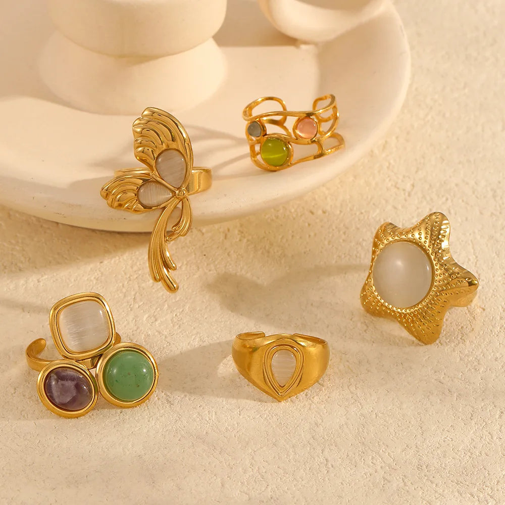 French Retro High-End Stainless Steel Ring for Women Natural Stone Non-Fading Cat's Eye Princess Cut Diamond Trendy