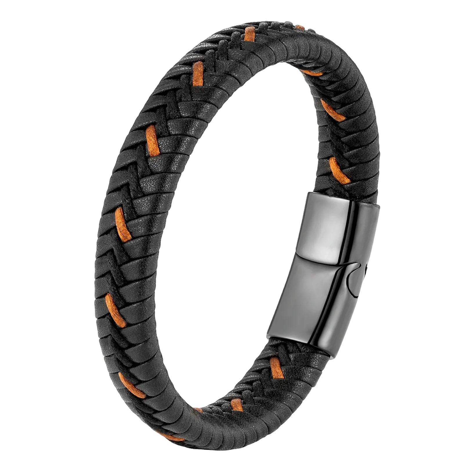 Popular Gift Bracelets Custom Logo Name Stainless Steel Clasp Men's Wristband Black Braided Genuine Leather Bracelet OT-219