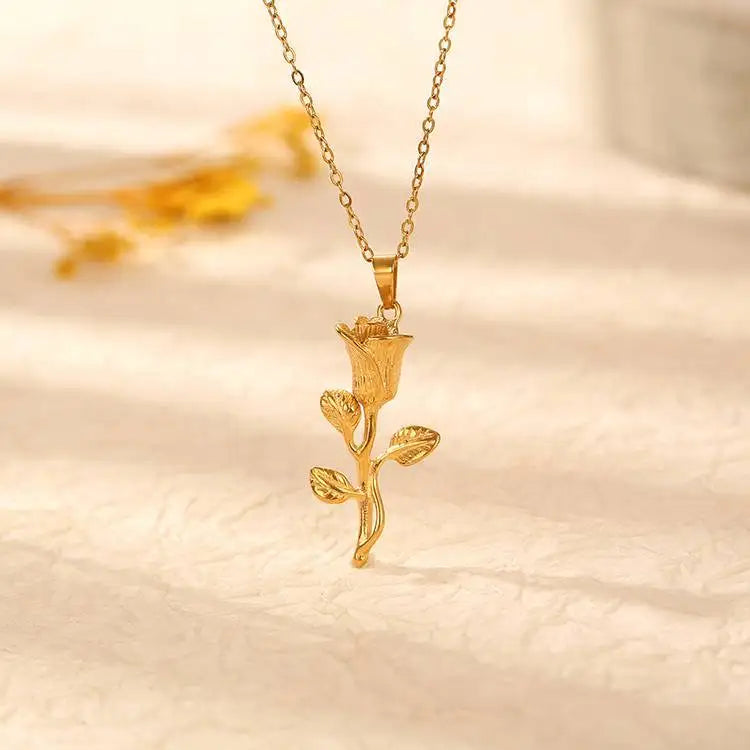 Valentine's Day Real 18k Gold Plated Rose Flower Pendant Necklace Stainless Steel Jewelry Flower Necklace