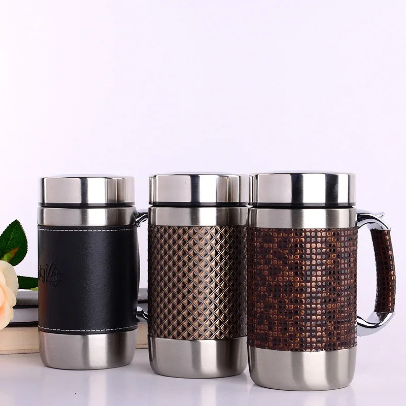 Wholesale Custom logo 500ml Double Wall Handle Tumbler Stainless Steel Tumblers Travel Car Coffee Cups Mugs with Lid and Leather