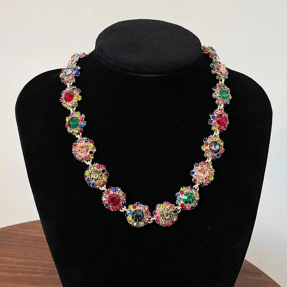 Fashion Exaggerated Chunky Statement Jewelry Necklace Bracelet Full Colorful Diamonds Sparkling Party Necklace