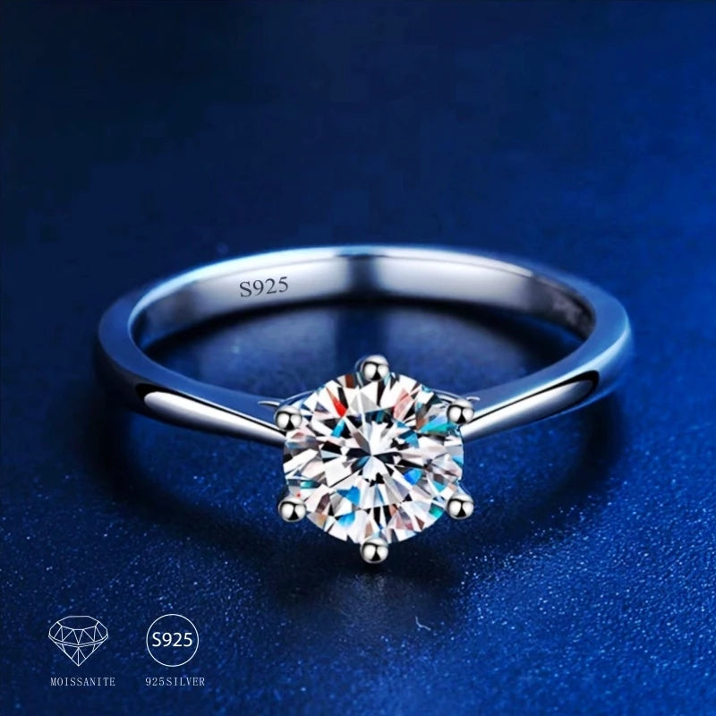 S925 Sterling Silver Ladies Ring with Classic 6 Prong Inlaid Moissanite for Birthday Anniversary Proposal Engagement Gift Idea