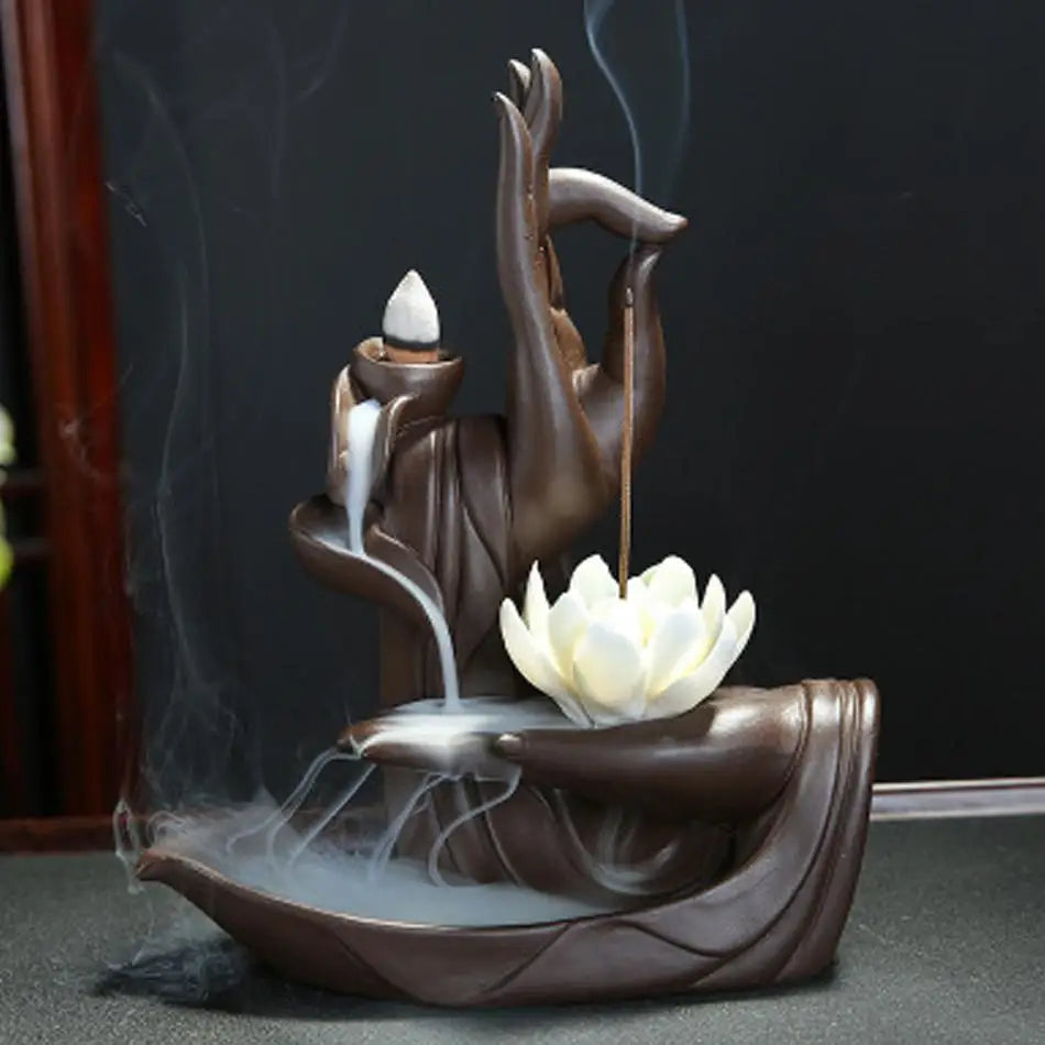 Zen Buddha Hand Incense Burner Holder for Lotus Home Decor Aroma Tower Censer for Backflow Joss Stick for Aromatic Use