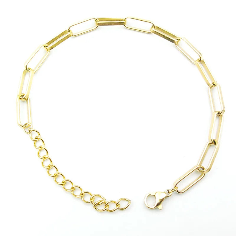 Adjustable Stainless Steel Link Chain Bracelet for Women Gold Plated with Diamond Pearl Simple Rectangular Paper Clip Design