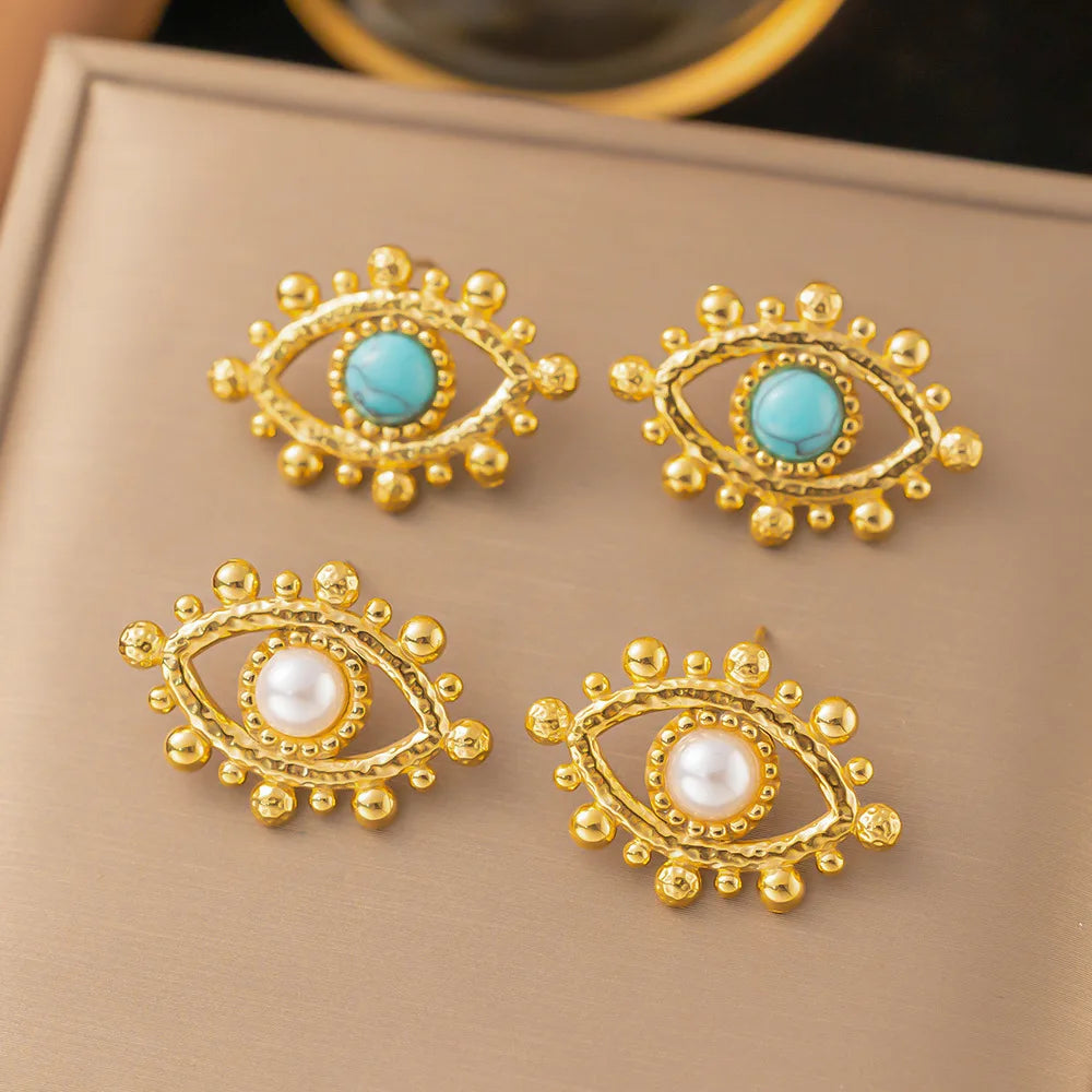 Middle East Hot Selling Artificial Turquoise Pearl Nazar Evil Eyes Earrings Female Fashion Trend Stainless Steel Earrings