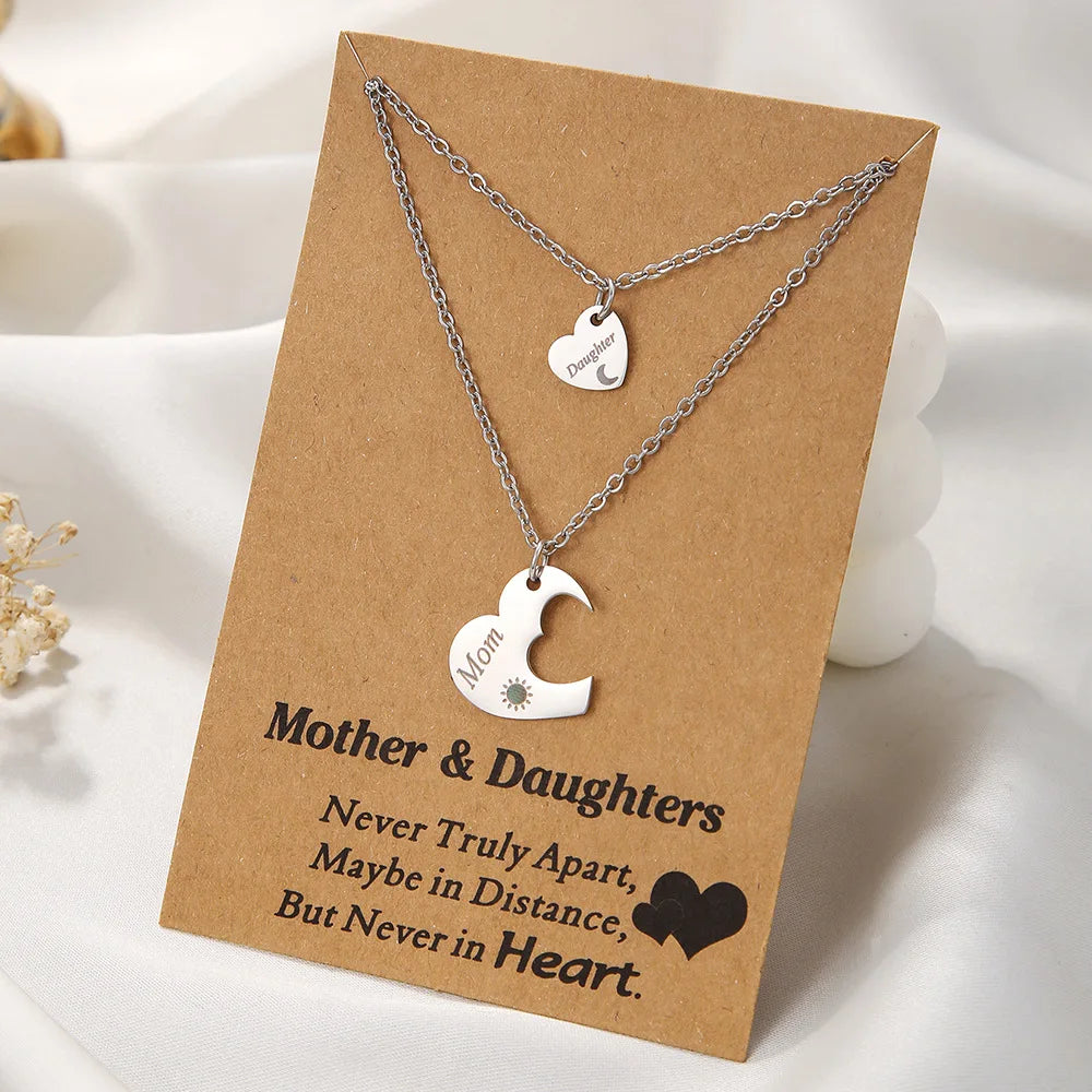 Mothers Day Gift Stainless Steel Heart Pendant Necklace 2Pcs Set Mom and Daughter Necklaces