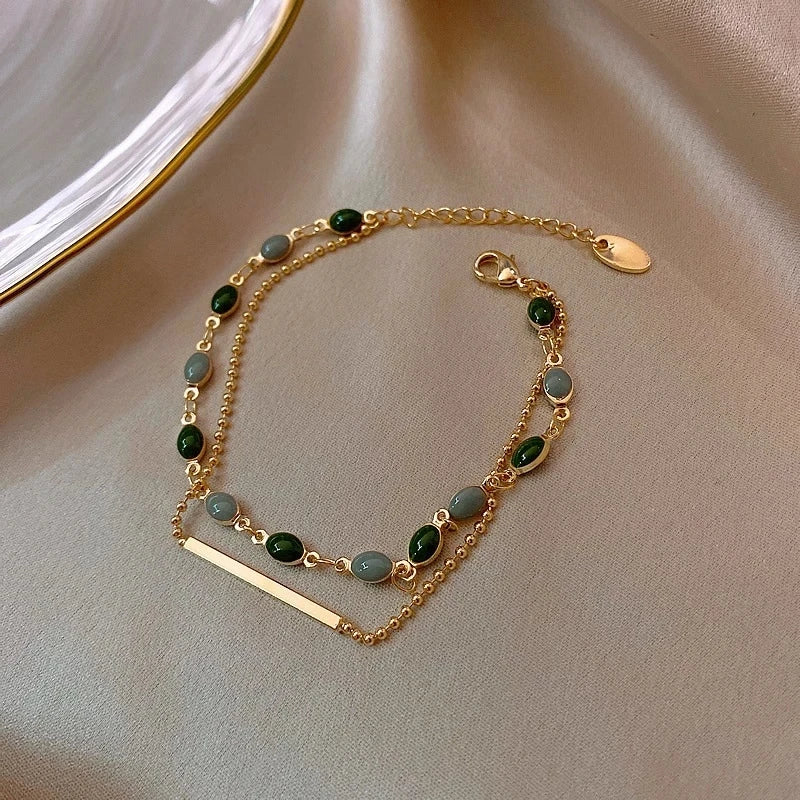 Double Layered Adjustable Bracelet Gold Beaded Chain Blue Green Color Crystal Bracelets for Women