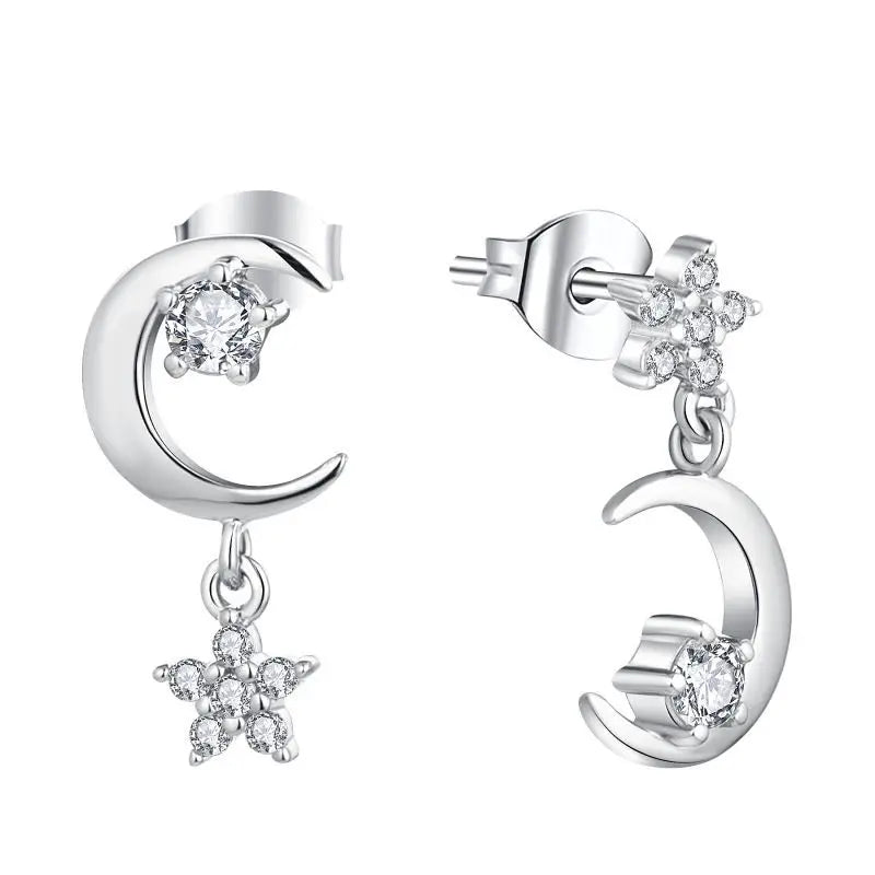 925 Sterling Silver Halfmoon Cubic Zirconia Star Moon Drop Earrings for Women Fashion Style Girl Sterling-Silver-Jewelry