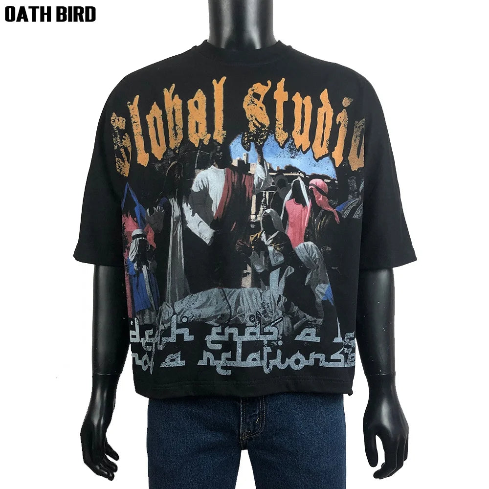 Custom Manufacturer Heavyweight Cotton Cropped Boxy Fit Tshirt DTG Printing Oversized Boxy Crop Tee Drop Shoulder T-shirt