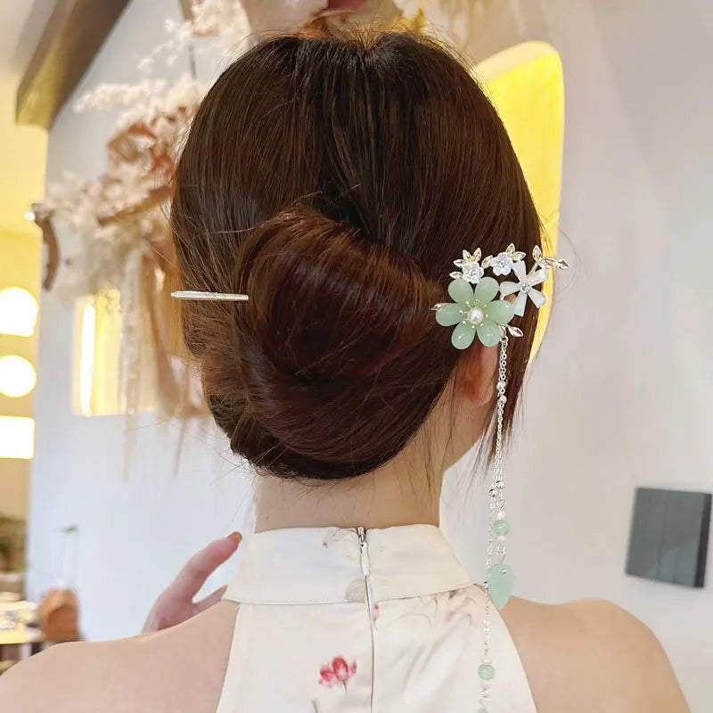 Chinese Hair Stick Green Flower Opal Hairpin Ancient Girls Hair Bun Forks Chopsticks Vintage Hanfu Hair Jewelry