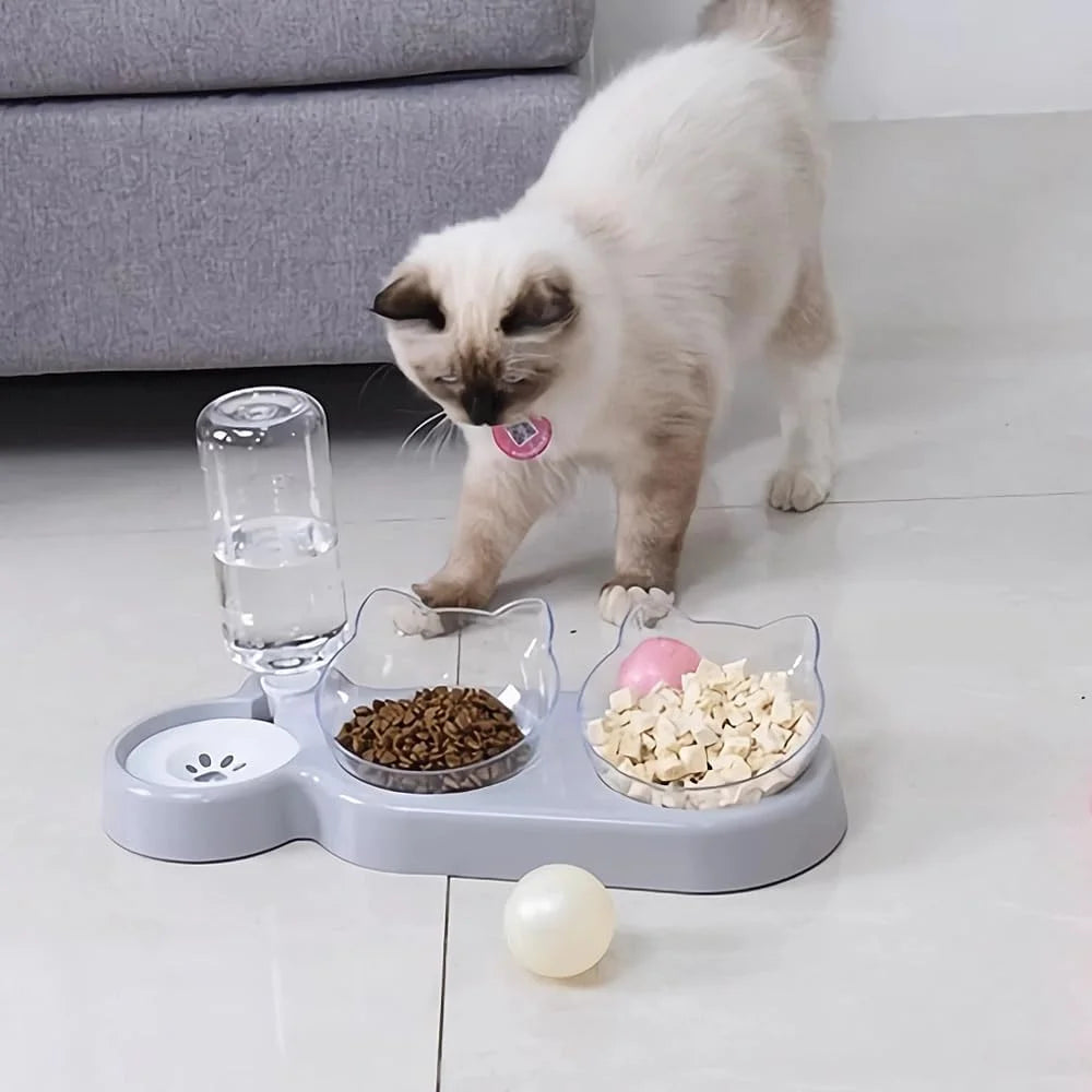 OKKPETS 3-In-1 Cat Food and Water Bowl Set Cat Bowls With Stand Double Cat Bowls with Water Dispenser for Pet