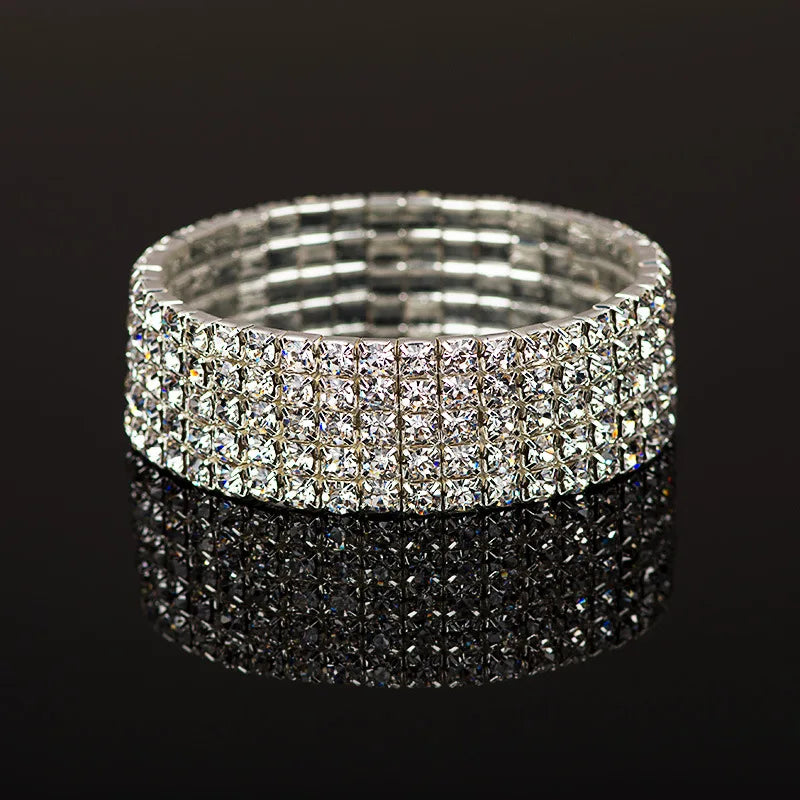 Wristband Women Wedding Bridal Jewelry Bling Fashion 3 5 Rows Full Crystal Rhinestone Elastic Bracelet Bangles