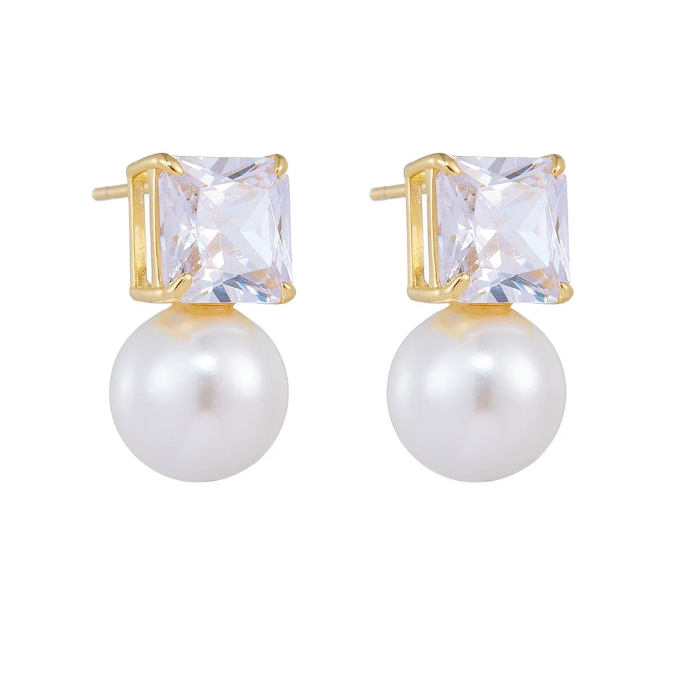 New Trendy S925 Sterling Silver Square Zircon Pearl Earrings Fine Jewelry for Women Valentine's Day Gift