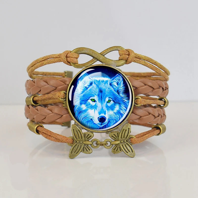 Handmade Wolf Bangle Retro Bohemia Multilayer Braided  Brown Leather Women Bracelet