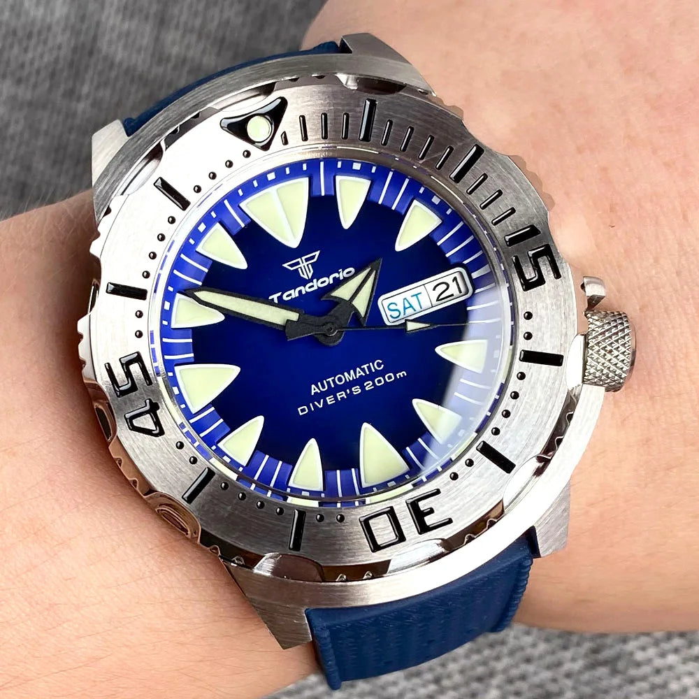 Tandorio Automatic Watch Men Japan NH36 Movt Knight Monster Steel Wristwatch Diver Yellow Red Dial Sapphire Crystal 42mm Case
