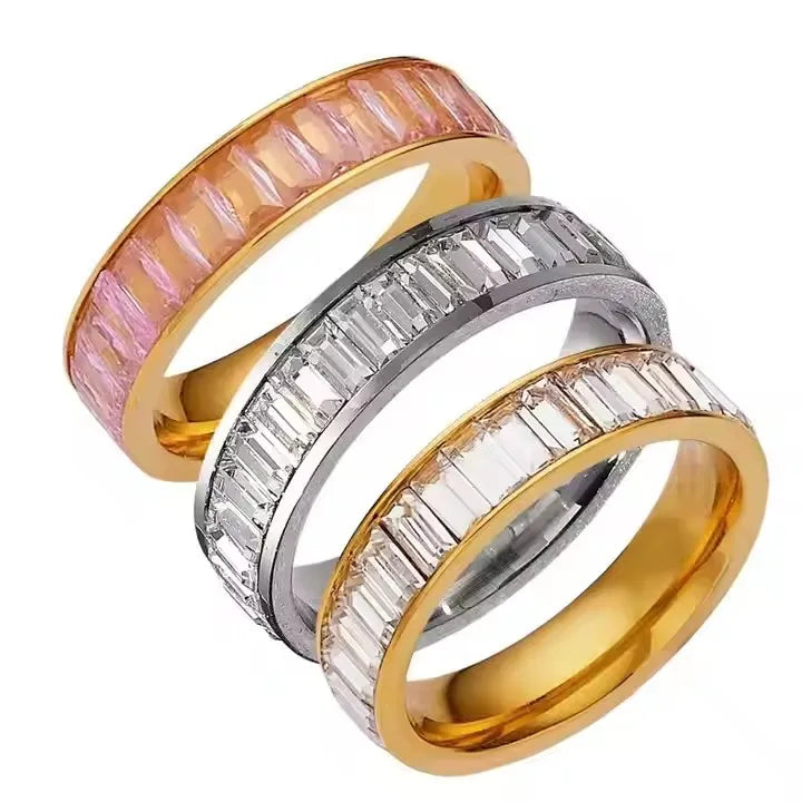 Stainless Steel Crystal Lovers Ring New Rectangular Zircon Jewelry Wedding Engagement Anniversary Party Christian Gift