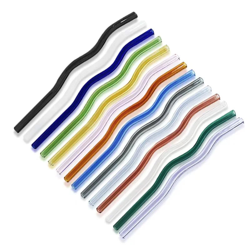Wholesale High Borosilicate Creative Wavy Multi-Color Drinking Straw Set Sustainable Glass Straws Disposable Straws