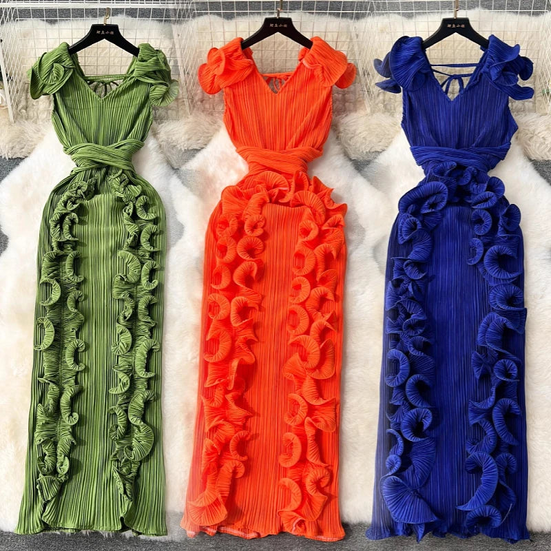 Women's High-End Luxury Dress for Banquets Ladies' Slim Temperament Dress Light Pressed Pleated Three-dimensional Ruffles Lace