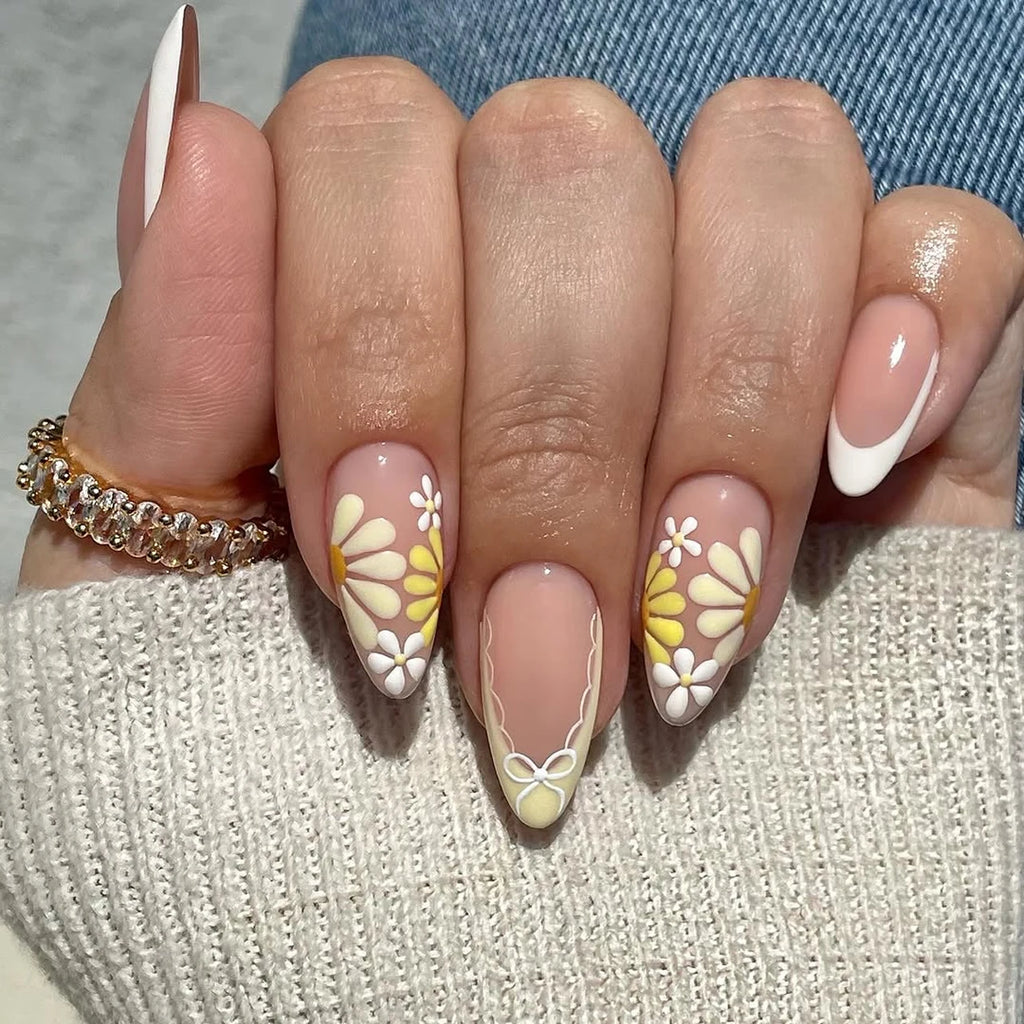 Dropshipping Wholesale Customize 24 Pcs 3796 Summer French Fresh Floral Almond Shape Press Nails Artificial Fingernails Acrylic