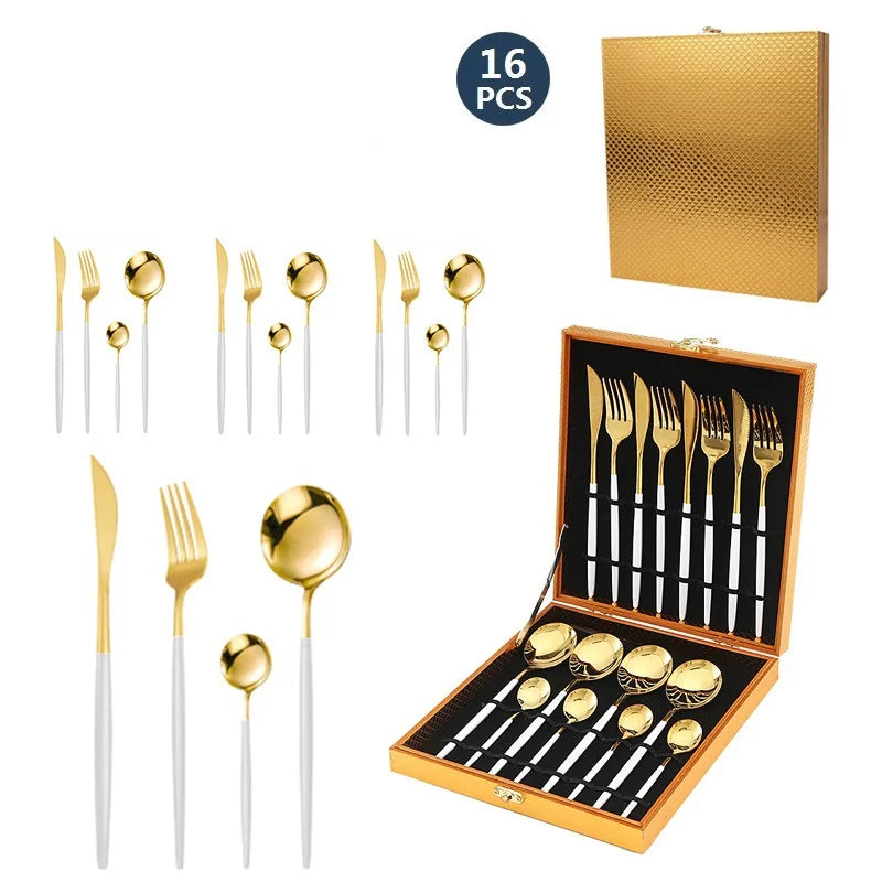 High Grade Stainless Steel Gold Cutlery 16 Pcs Set Restaurant Steak Knife and Fork Dessert Spoon Silverware Cutlery Set