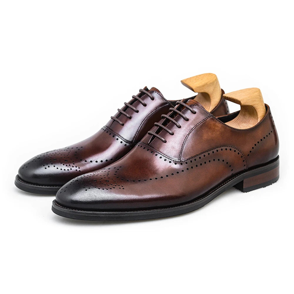 Brogue Design Vintage Top Layer Cowhide Dress Shoes for Men Soft Genuine Leather Breathable Wedding Shoes