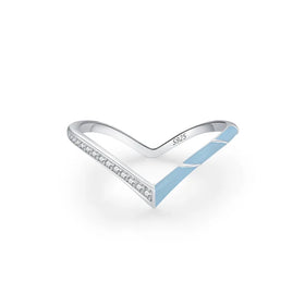 Elegant and Stylish 925 Sterling Silver Zircon Inlaid V-Shaped Index Finger Ring Blue Enamel and Rhodium Plated for Weddings