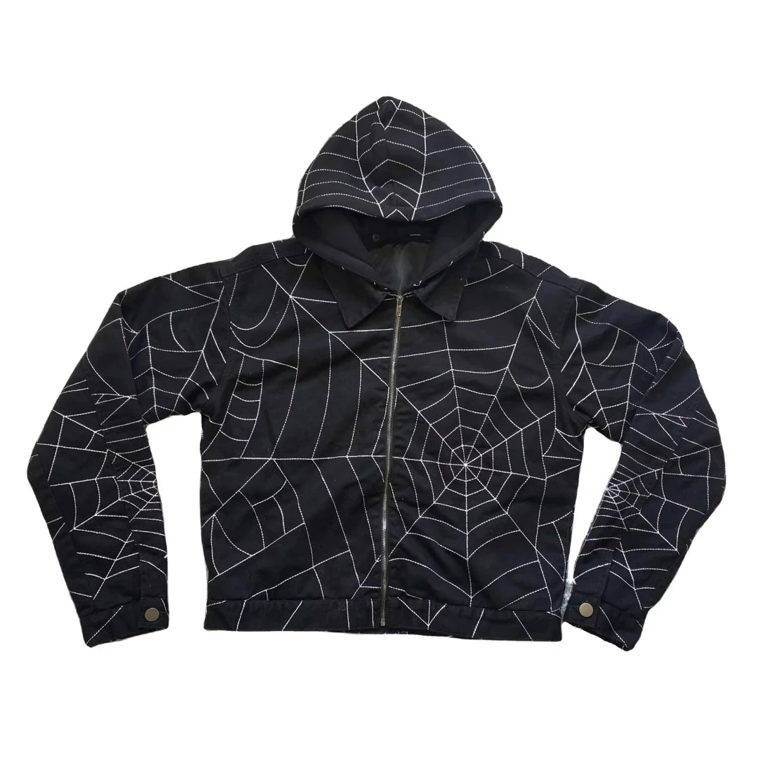 DENIMGUYS Custom Spider Web Embroidery Hoodies Men Hip Hop Jacket Coats Autumn Winter Casual Loose Detachable Hooded  Hoodie