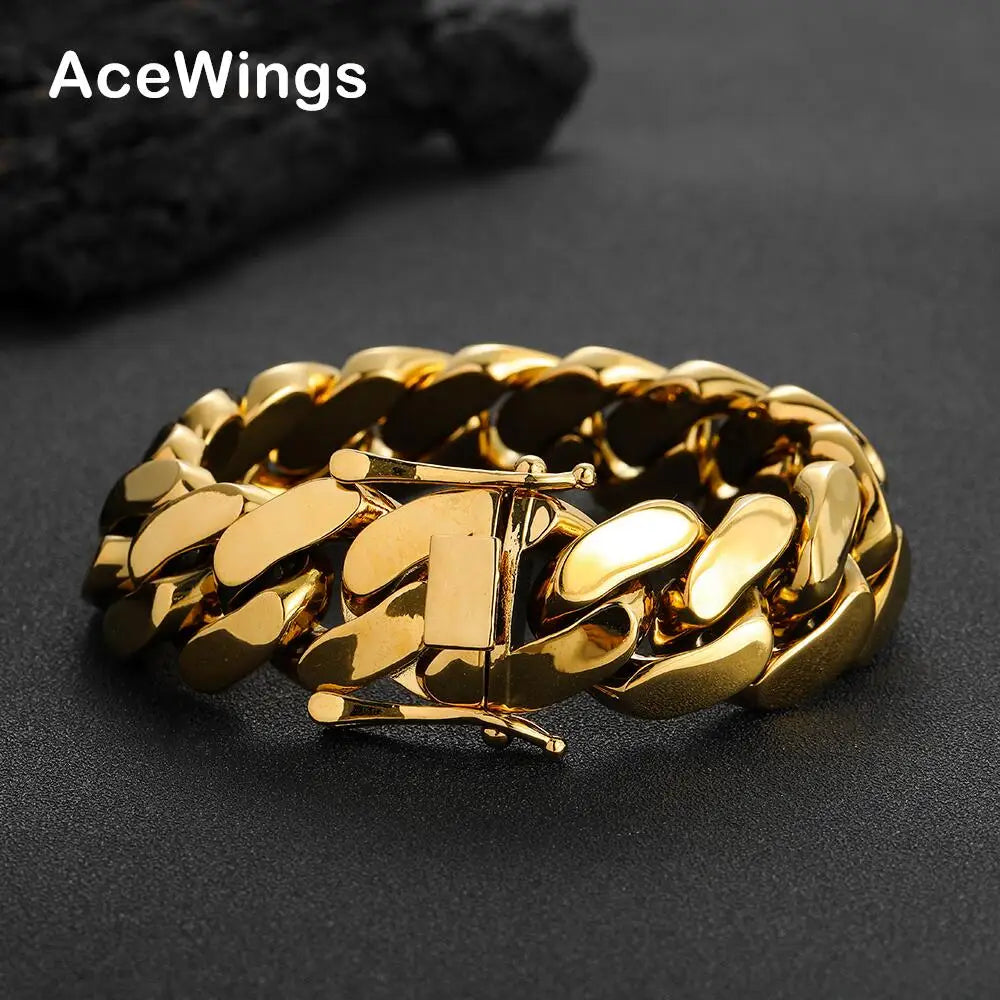 BB041 22MM Gold Plated Brass Cuban Chain Hip Hop Men's Bracelet-AceWings