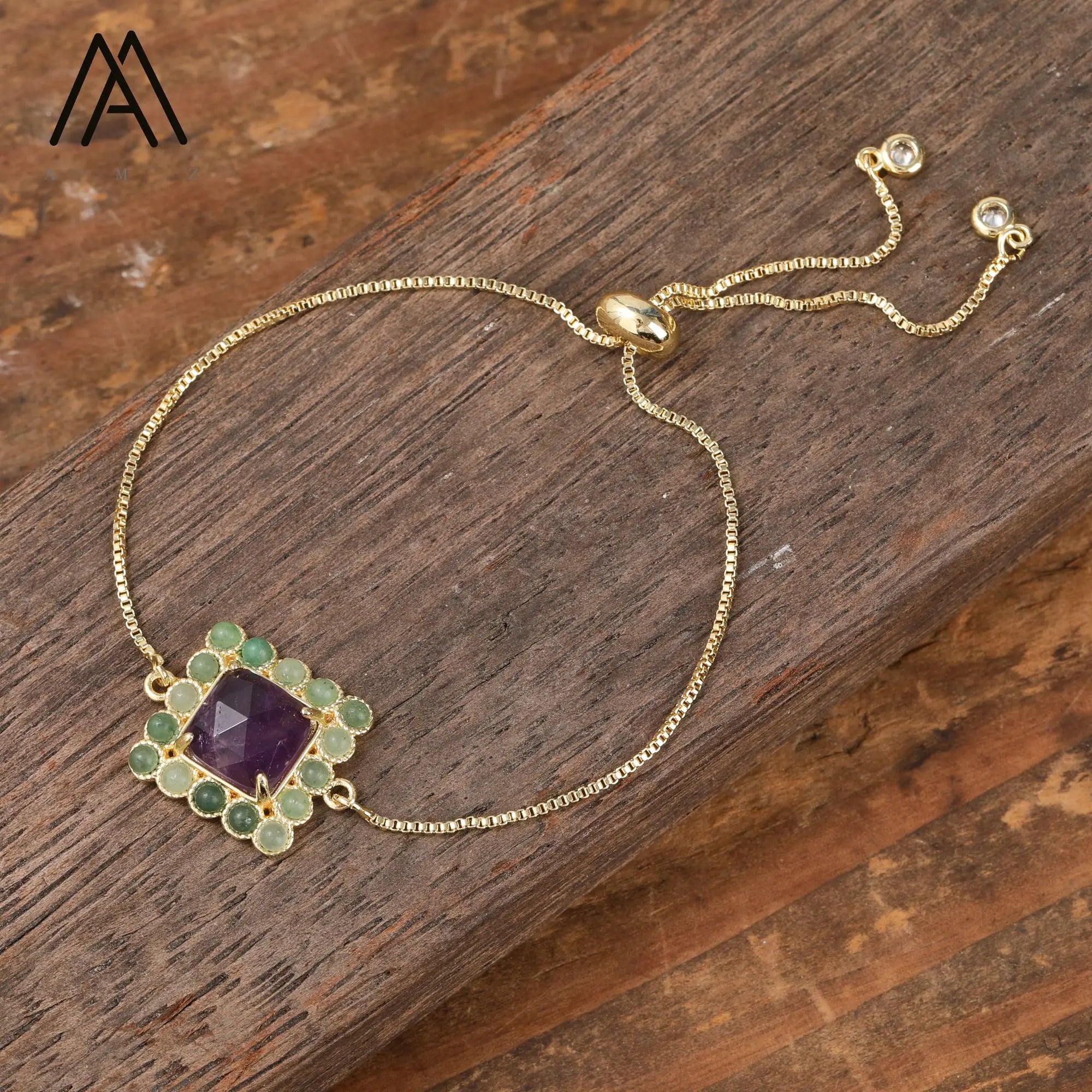 Designer Crystal Bracelet with Square Shape Natural Gemstone Trendy Gold Plated Jewelry for Women New Year Gift Idea