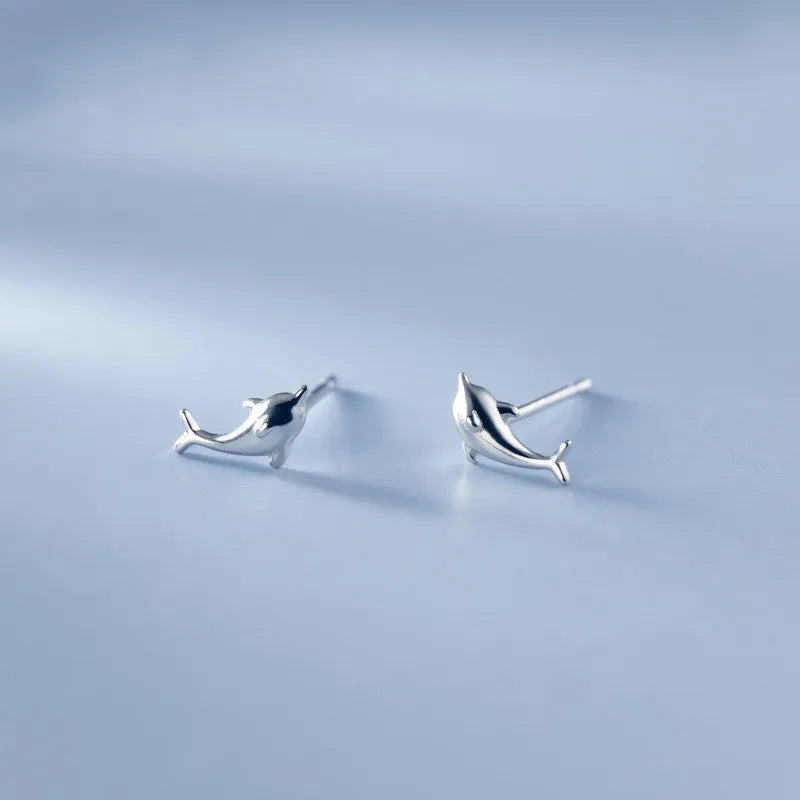 925 Sterling Silver Cute Dolphin Shape Ear Studs Small Animal Earrings Fashion Jewelry for Women Girls