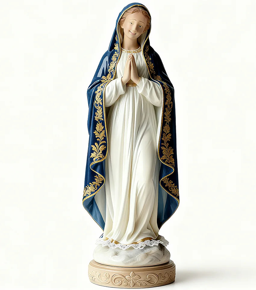 Praying Virgin Mary Resin Statue with White Robe and Blue Mantle Gold-Trimmed Lace Details on Serene Sculpture