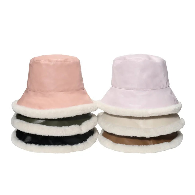 Winter Plush Bucket Hat for Women Plain Fuzzy Bucket Caps Casual Warm Faux Fur Fisherman Hats