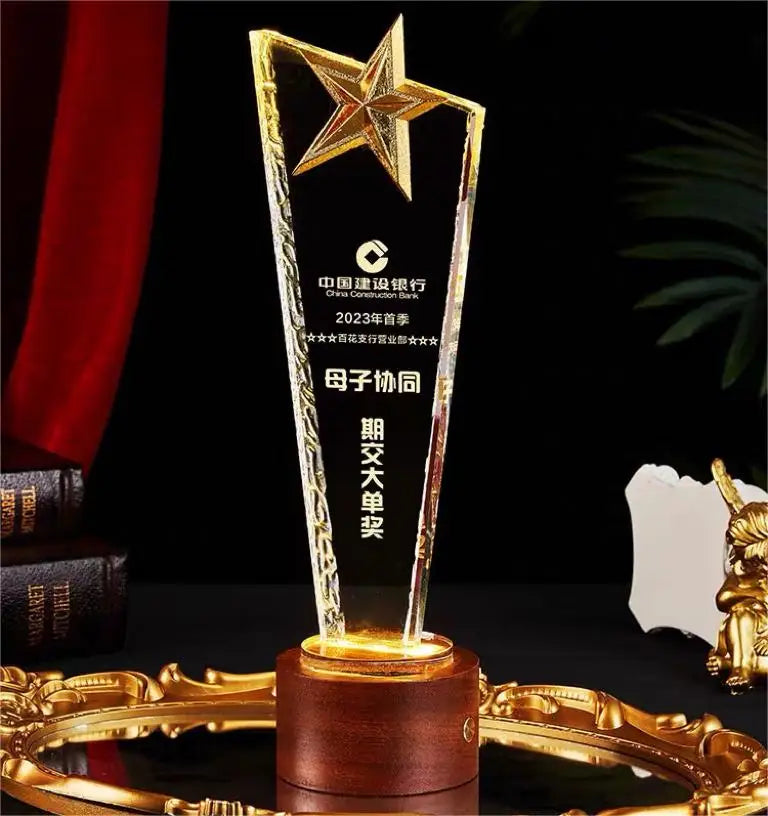 Wooden Light up Metal Star Plaque Crystal Trophy Award MH-NJ0345