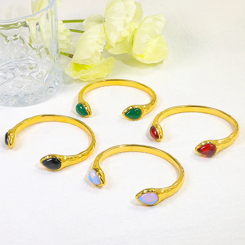 JUSNOVA 18K Gold Plated Titanium Steel Bangle Customized Luxury Agate Stainless Steel Bracelet Geometric Pattern Earrings
