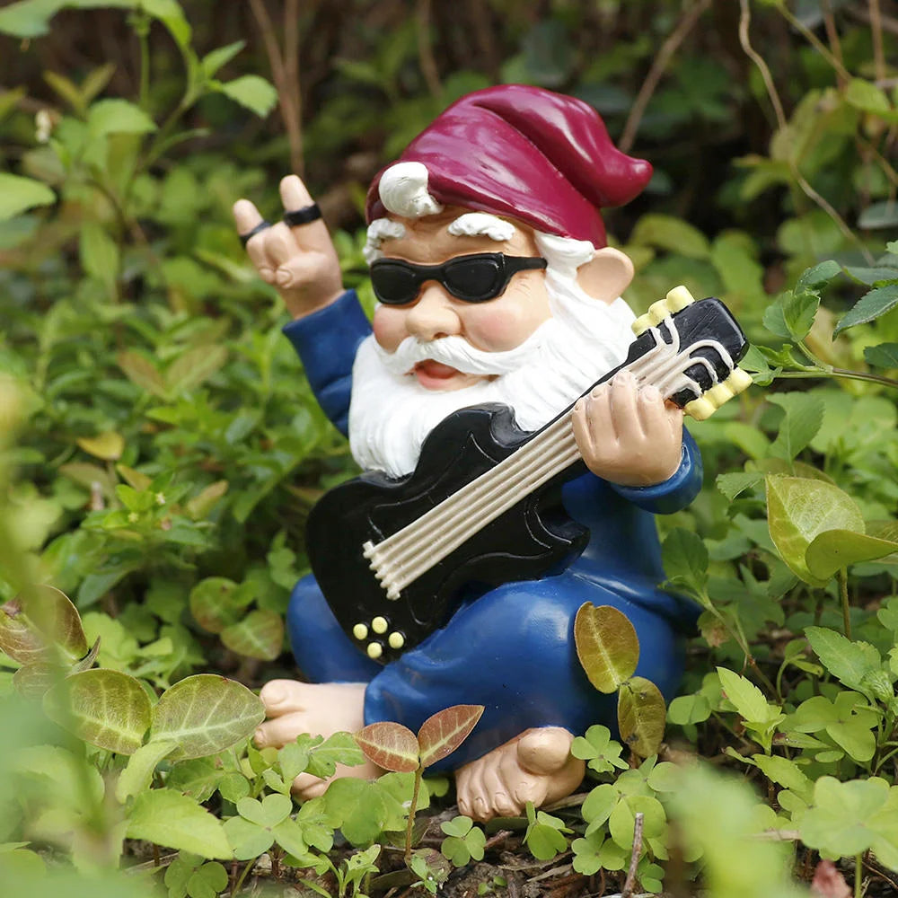 Rock-style Gnome Resin Crafts Garden Ornaments Hand-painted Guitar Sunglasses Detail Flower Outdoor Garden Decor Figurines Gifts